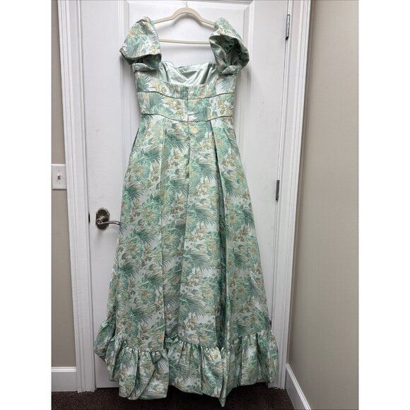 MAC DUGGAL Size 12 Green Floral Brocade 68276 Puff Sleeve High Low Gown Dress - Picture 8 of 12